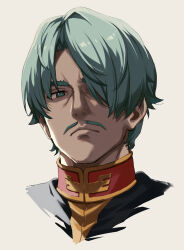 1boy brown_background challia_bull close-up commentary_request facial_hair green_eyes green_hair gundam gundam_gquuuuuux hair_over_one_eye highres looking_at_viewer military_uniform mustache nanaku_teiru portrait short_hair simple_background solo upper_body