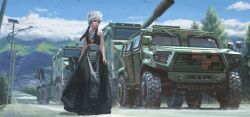 1girl artillery black_dress braid cloud dongfeng_csk-181 dress highres lamppost miao_clothes military military_vehicle motor_vehicle mountainous_horizon original paid_reward_available painting_(medium) pcl-171 people&#039;s_liberation_army people&#039;s_liberation_army_ground_force road self-propelled_artillery shouhui_lang_qun sky solo tank traditional_media tree yunnan_province