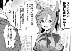 1boy 1girl absurdres animal_ears breasts emphasis_lines hair_between_eyes hair_ornament highres holding horse_ears horse_girl medium_breasts medium_hair nervous_sweating open_mouth paper portrait short_twintails sweat takinii trainer_(umamusume) translation_request twintails umamusume venus_paques_(umamusume) white_background