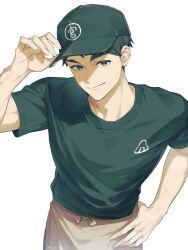1boy absurdres aged_up apron baseball_cap black_eyes black_hair black_shirt closed_mouth commentary food_print haikyuu!! hand_on_own_hip hat highres light_smile looking_at_viewer male_focus miya_osamu oct_ten3 onigiri_print shirt short_hair simple_background solo symbol-only_commentary waist_apron white_background