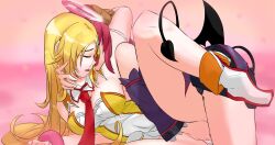 2girls angel_girl blonde_hair breasts closed_eyes demon_girl demon_horns demon_tail demon_wings desuh-chan fingering gal_gun gal_gun_(series) gal_gun_2 hidden_face highres horns kurona_(galgun) large_breasts multiple_girls red_hair risu_(galgun) tail wings yuri