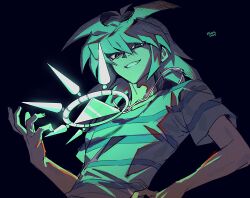 1boy black_background cowboy_shot dated glowing highres looking_at_viewer male_focus medium_hair millennium_ring moemoenomori simple_background smirk solo spiked_hair yami_bakura yu-gi-oh! yu-gi-oh!_duel_monsters