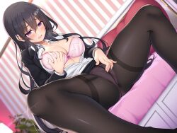 1girl bed bed_sheet black_hair black_jacket black_skirt blazer bra breasts cleavage clothes_lift collarbone collared_shirt dress_shirt dutch_angle grabbing_own_breast hair_between_eyes highres indoors jacket lamp long_hair masturbation medium_breasts office_lady on_bed open_clothes open_mouth open_shirt original panties panties_under_pantyhose pantyhose pillow pink_bra pink_panties purple_eyes shirt sidelocks sitting skirt skirt_lift solo spread_legs striped_wall thighs underwear utsurogi_akira very_long_hair white_shirt