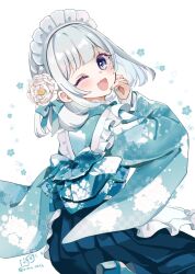 1girl ;d apron blue_eyes blue_hakama blue_kimono blue_nails commentary_request fang floral_background flower from_behind grey_hair hakama hakama_skirt highres japanese_clothes kimono long_sleeves looking_at_viewer looking_back maid maid_headdress nail_polish one_eye_closed open_mouth original rino_cnc simple_background skirt sleeves_past_wrists smile solo twitter_username wa_maid white_apron white_background white_flower wide_sleeves