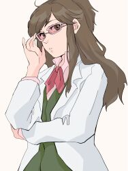 1girl ace_attorney bowtie brown_hair ema_skye formal_clothes green_vest highres lab_coat long_hair pink_glasses red_bow red_bowtie solo solo_focus tonboganai vest
