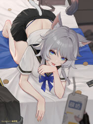 1boy 1girl alternate_costume animal_ear_fluff animal_ears artist_name bag barefoot bed black_jacket black_sailor_collar black_skirt blue_bow blue_bowtie blue_eyes bow bowtie breasts caelus_(honkai:_star_rail) cat_ears cat_girl cat_tail cipher_(honkai:_star_rail) coin commentary cream_on_hands credit_card crop_top fingernails grey_hair hashtag-only_commentary highres holding holding_milk_carton honkai:_star_rail honkai_(series) indoors jacket large_breasts licking licking_hand long_fingernails looking_at_viewer median_furrow medium_hair milk_carton nail_polish on_bed pov pov_hands sailor_collar school_bag school_uniform serafuku shirt shoes short_sleeves skirt tail toenail_polish toenails toes trailblazer_(honkai:_star_rail) unworn_jacket unworn_shoes white_shirt yellow_nails yunkaiming