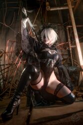 Rule 34 | 1girl, 2b (nier:automata), 2b (nier:automata) (cosplay), absurdres, black shoes, blindfold, breasts, cleavage, cleavage cutout, closed mouth, clothing cutout, cosplay, cosplay photo, crotch, gloves, high heels, highres, holding, holding behind back, holding sword, holding sword behind back, holding weapon, holding weapon behind back, leotard, mole, nier:automata, nier (series), photo (medium), real life, shoes, short hair, sword, weapon, white hair