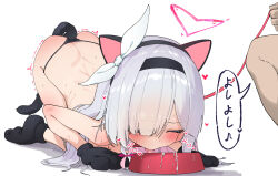 1boy 1girl absurdres all_fours anal_beads anal_tail animal_collar animal_ear_hairband animal_ears animal_hands bikini black_bikini black_footwear black_gloves black_hairband black_tail blue_archive blush bow bowl braid breasts butt_plug cat_ears closed_eyes collar colored_inner_hair commentary cum cum_in_bowl cum_in_container doroshe_(sdpw8474) drinking english_commentary eyes_visible_through_hair fake_animal_ears fake_tail female_focus female_pervert full_body gloves gokkun hair_bow hair_over_one_eye hairband halo heart heart_halo hetero highres holding holding_leash huge_filesize kneeling leash loli long_hair masochism mixed-language_commentary motion_lines multicolored_hair nude one_eye_covered paid_reward_available paw_gloves paw_shoes pervert pet pet_bowl pet_play petgirl pink_hair pink_halo plana_(blue_archive) revealing_clothes sex_toy simple_background single_braid small_breasts sound_effects speech_bubble submission sweat swimsuit tail tongue tongue_out translated trembling white_background white_bow white_hair