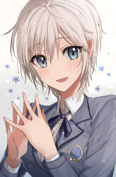 1girl absurdres anastasia_(idolmaster) blue_eyes breasts brooch collared_shirt commentary grey_background grey_hair grey_jacket hair_between_eyes highres huwarinn99 idolmaster idolmaster_cinderella_girls jacket jewelry light_blush long_sleeves looking_at_viewer medium_breasts neck_ribbon ribbon school_uniform shirt short_hair smile snowflakes solo steepled_fingers upper_body white_shirt