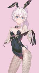 1girl animal_ears bare_arms bare_shoulders black_leotard blue_eyes bow bowtie breasts closed_mouth commission contrapposto covered_navel cowboy_shot detached_collar fake_animal_ears fake_tail fishnet_pantyhose fishnets frown fymrie highleg highleg_leotard highres holding holding_whip leotard long_hair looking_at_viewer min_yeohee monocle original pantyhose pink_background playboy_bunny ponytail rabbit_ears rabbit_tail second-party_source simple_background small_breasts solo standing strapless strapless_leotard sweatdrop tail thighs v-shaped_eyebrows whip white_hair wrist_cuffs