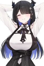 1girl absurdres arms_behind_head arms_up black_bow black_bowtie black_hair black_vest blue_hair bow bowtie breasts chest_harness clothing_cutout collared_shirt colored_inner_hair commentary dress_shirt flower flower_knot fortissimo framed_breasts grin hair_ornament hairclip harness hashtag-only_commentary highres hololive hololive_english horn_flower large_breasts long_hair long_sleeves looking_at_viewer mole mole_under_eye multicolored_hair musical_note musical_note_hair_ornament nerissa_ravencroft nerissa_ravencroft_(1st_costume) parted_bangs red_eyes ribbed_shirt shirt shoulder_cutout sidelocks simple_background slit_pupils smile solo straight-on straight_hair tassel tassel_hair_ornament two-tone_hair underbust upper_body vest virtual_youtuber white_background white_shirt yumiewuri