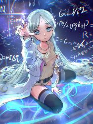 1girl belt bindi black_thighhighs coat earrings green_eyes heaven_burns_red highres indian jewelry kulfiq loli long_hair math solo thighhighs triangle_earrings twintails vritika_balakrishnan white_coat