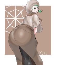1girl apron ascot ass black_pantyhose breasts brown_apron brown_ascot brown_eyes brown_skirt buttons character_name curvy female_focus green_hair hat highres huge_ass katy_(pokemon) large_breasts nintendo pantyhose pokemon pokemon_sv puffy_sleeves short_sleeves silk skirt solo spider_web thick_thighs thighs uya_(yurukah) waist_apron