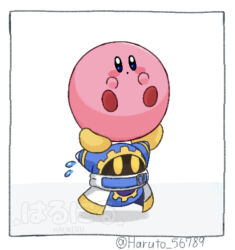 blush_stickers carrying_overhead flying_sweatdrops gloves haruneko_(haruto_56789) highres kirby kirby&#039;s_dream_buffet kirby_(series) magolor nintendo rayman_limbs star_(symbol) twitter_username watermark yellow_eyes yellow_gloves
