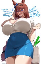 1girl alternate_costume animal_ears bag blue_eyes blush bow braid breasts brown_hair covered_navel english_text hair_between_eyes highres horse_ears horse_girl horse_tail huge_breasts large_breasts long_hair looking_at_viewer monkey_jon multicolored_hair open_mouth shirt shopping_bag simple_background skirt solo spring_onion streaked_hair super_creek_(umamusume) tail umamusume very_long_hair white_background white_hair