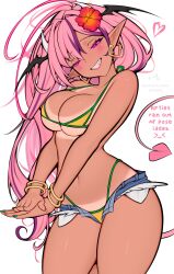 1girl alternate_costume ark_evil02 asymmetrical_bangs bangle bare_shoulders bikini bikini_under_shorts bluesky_username bracelet brazilian_miku brazilian_miku_(cosplay) breasts cleavage commentary cosplay cutoffs demon_girl demon_horns denim denim_shorts earrings english_text exposed_pocket eyelashes fang fingernails flower green_nails green_trim grin hair_flower hair_intakes hair_ornament half-closed_eyes hatsune_miku head_wings heart highleg highleg_bikini highres horns ironmouse jewelry large_breasts light_blush lips long_hair looking_at_viewer micro_shorts multicolored_hair nail_polish navel necklace open_fly patreon_username pink_hair pointy_ears purple_eyes purple_hair shorts smile solo stomach streaked_hair swimsuit tail tan tanline thick_thighs thighs virtual_youtuber vocaloid vshojo white_background wings yellow_bikini yellow_nails