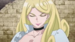 Rule 34 | 1girl, animated, belt, black skirt, blonde hair, bouncing breasts, breasts, choker, collared shirt, curly hair, green eyes, hands on own hips, katsute kami datta kemonotachi e, large breasts, lipstick, liza renecastle, makeup, mole, nipples, nude filter, popped collar, shirt, skirt, smile, tagme, third-party edit, video, white shirt