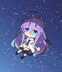 1girl ahoge animal black_necktie black_skirt black_socks blue_eyes blue_hair blush breasts cat chibi collared_shirt commentary_request dress_shirt fuyou-chan gradient_hair hair_between_eyes highres long_hair long_sleeves medium_breasts milkpanda multicolored_hair navel necktie no_shoes off_shoulder original purple_hair shirt short_eyebrows skirt sleeves_past_fingers sleeves_past_wrists sock_pull socks solo star_(sky) thick_eyebrows very_long_hair white_shirt