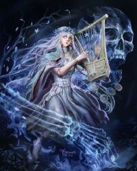 Rule 34 | 1girl, ariamis arts, barefoot, black background, blue eyes, braid, branch, closed mouth, doll joints, elden ring, elden ring nightreign, full body, head wreath, highres, holding, holding instrument, instrument, jewelry, joints, long hair, looking to the side, low twin braids, lyre, music, playing instrument, revenant (elden ring), shirt, signature, skeleton, skirt, solo, spirit, twin braids, veil, white hair, white shirt, white veil, wide sleeves