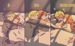 1boy 1girl aged_up arm_tattoo battery_indicator bed bed_sheet blonde_hair blood blood_on_face blush child cuddling happy highres long_hair nami_(one_piece) on_bed one_piece orange_hair sanam_1piece sanji_(one_piece) short_hair sleeping sleepwear tattoo