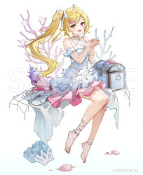 1girl ahoge alternate_costume anklet barefoot blonde_hair body_jewelry breasts cleavage clothing_cutout collarbone commentary_request company_name copyright_notice coral coral_hair_ornament coral_reef criss-cross_halter cupping_hands diorama dress foot_jewelry frilled_dress frills full_body gem halterneck heterochromia high_heel_sandals hoshikawa_sara jewelry layered_dress light_blush long_hair looking_at_viewer medium_dress nail_polish nijisanji off-shoulder_dress off_shoulder official_art own_hands_together pearl_(gemstone) pearl_hair_ornament sample_watermark sandals seashell shell short_sleeves side_cutout side_ponytail sitting small_breasts smile solo spaghetti_strap star_(symbol) swept_bangs toenail_polish toenails treasure_chest unworn_sandals virtual_youtuber watermark white_background white_dress zattape