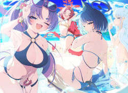 Rule 34 | animal ear fluff, animal ears, bangs pinned back, bare arms, bare back, bare shoulders, bikini, black bikini, black eyes, black hair, black nails, blue archive, blue bikini, blue eyes, blush, bracelet, braid, breasts, cat ears, cat girl, cat tail, cleavage, closed eyes, closed mouth, denim, denim shorts, dragon girl, dragon tail, eyewear on head, fang, hairband, halo, highres, hyakkaryouran (blue archive), jewelry, kikyou (blue archive), kikyou (swimsuit) (blue archive), large breasts, long hair, multiple tails, nagusa (blue archive), nagusa (swimsuit) (blue archive), official alternate costume, one eye closed, open clothes, open mouth, open shirt, orange hairband, parted bangs, ponytail, purple-framed eyewear, purple eyes, purple hair, red hair, renge (blue archive), renge (swimsuit) (blue archive), see-through clothes, see-through shirt, shirt, sho me 1853, short hair, short shorts, shorts, single braid, skin fang, swimsuit, tail, two tails, white bikini, white hair, yellow bikini, yukari (blue archive), yukari (swimsuit) (blue archive)