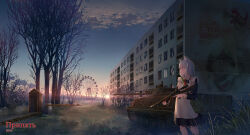 1girl abandoned ak-47 animal_ears apron assault_rifle bag bare_tree black_dress blue_eyes blue_sky bmp-3 boom_barrier building bush cat_ears chernobyl chinese_commentary cloud collared_dress commentary cyrillic diffraction_spikes dress evening ferris_wheel frills gradient_sky grass grey_hair gun hammer_and_sickle highres holding holding_gun holding_weapon kalashnikov_rifle long_hair maid maid_apron military military_vehicle motor_vehicle mural necktie original outdoors photoshop_(medium) pripyat red_necktie revision rifle russian_text scenery scope shoulder_bag sion005 sky solo standing sunlight sunset tank translated tree trigger_discipline twilight weapon white_apron wide_shot window