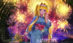 aerial_fireworks ashikaga_yoshiteru_(sengoku_otome) bamboo blonde_hair blue_kimono blunt_bangs blush braid fireworks flower_ornament hair_intakes hairband hand_fan hand_on_own_ear headband highres holding hsin japanese_clothes kimono long_hair looking_at_viewer night obi paper_fan pink_ribbon ribbon sample_watermark sash sengoku_otome sidelocks single_braid standing uchiwa watermark yukata