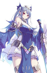 1girl absurdres blush breasts closed_mouth covered_navel detached_sleeves duel_monster fins fish_girl grey_hair head_fins highres holding holding_sword holding_weapon kanzakietc large_breasts long_sleeves pelvic_curtain red_eyes simple_background skirt sleeves_past_wrists smile solo sword tearlaments_scheiren thighhighs tiara twintails weapon white_background white_skirt white_thighhighs yu-gi-oh! zettai_ryouiki