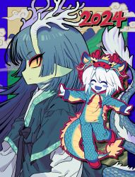Rule 34 | 2024, 2girls, animal costume, blue hair, chinese zodiac, colored sclera, colored skin, commentary, cosplay, dated, dragon costume, dragon girl, dragon horn, dragon horns, dragon tail, eastern dragon horns, eastern dragon tail, english commentary, fur-tipped tail, green skin, highres, horns, kigurumi, long hair, looking at viewer, multiple girls, new year, original, pointy ears, satanmanse, slit pupils, tail, xiangyun, year of the dragon, yellow sclera
