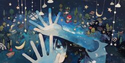 1boy bench boat chain cloud crescent fish hands_up highres house ka_(996beshi) key one_eye_covered original park_bench rocking_horse short_hair signature sleeves_rolled_up solo star_(symbol) surreal tree water watercraft watermark winding_key