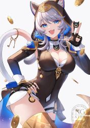 1girl animal_ear_fluff animal_ears black_gloves black_leotard blue_eyes bow braid breasts cat_ears cat_girl cat_tail cipher_(honkai:_star_rail) cleavage coin collarbone cowboy_shot fingerless_gloves gloves gold_coin hair_bow hand_on_own_hip highres honkai:_star_rail honkai_(series) hooded_leotard keyring large_breasts leotard looking_at_viewer mole mole_on_collarbone mugita_(mokankan) open_mouth side_braid single_braid solo tail w white_background white_bow white_hair