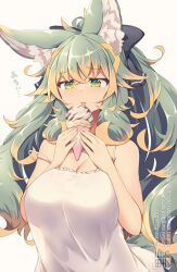 1girl animal_ear_fluff animal_ears black_bow bow breasts cleavage dress green_eyes green_hair grey_background hair_bow kuromiya kuromiya_raika_(kuromiya) large_breasts licking long_hair multicolored_hair orange_hair original simple_background solo tongue tongue_out two-tone_hair white_dress
