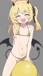 1girl aji_1332 bikini black_horns black_tail black_wings blonde_hair blue_archive closed_eyes demon_girl demon_horns demon_tail demon_wings facing_viewer flat_chest gold_bikini grey_background halo highres horns ibuki_(blue_archive) loli micro_bikini navel one_side_up open_mouth pointy_ears simple_background solo swimsuit tail teeth upper_teeth_only wings yellow_halo