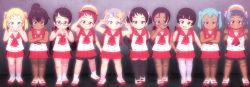 +_+ 3d 6+girls :d backpack bag bandaid bandaid_on_knee bandaid_on_leg bare_arms bare_shoulders bike_shorts black_gloves black_hair black_legwear blonde_hair blue_eyes blunt_bangs bow braid child closed_mouth collarbone crossed_arms dark-skinned_female dark_skin double_v elbow_gloves full_body glasses gloves hair_bow hair_ornament head_tilt highres legs_apart multiple_girls open_mouth original pleated_skirt randoseru salute shirt shoes short_hair skirt smile standing star_(symbol) star_hair_ornament teeth thighhighs twin_braids twintails upper_teeth_only v white_legwear white_shirt yanmaa_(6664) zettai_ryouiki