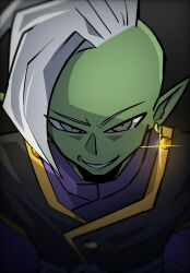 1boy blue_sash colored_skin dragon_ball dragon_ball_super earrings evil_grin evil_smile green_skin grey_eyes grin himazin100 jewelry long_sleeves looking_at_viewer looking_up mohawk pointy_ears potara_earrings purple_shirt sash shirt short_hair smile smirk solo white_hair zamasu