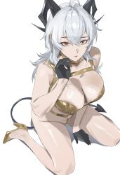 1girl absurdres arm_support bikini black_gloves black_horns black_tail breasts cleavage commentary curled_horns demon_tail earrings from_above gloves gold_bikini gold_choker golden_week half_gloves high_heels highres horns jewelry key_earrings large_breasts long_hair looking_at_viewer o-ring o-ring_bikini red_eyes simple_background sitting swimsuit tail taiyang_yu wariza white_background white_hair wuthering_waves zani_(wuthering_waves)