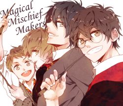 4boys aged_down black_hair black_robe brown_hair glasses grin gryffindor harry_potter_(series) harry_potter_and_the_prisoner_of_azkaban hinapippi hogwarts_school_uniform holding holding_wand james_potter multiple_boys necktie peter_pettigrew remus_lupin robe school_uniform short_hair sirius_black smile wand wizarding_world