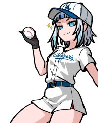 1girl ball baseball baseball_cap baseball_uniform becauseimajinx belt black_gloves blue_belt blue_eyes blue_hair breasts buttons cowboy_shot fang gawr_gura gloves hat highres holding holding_ball hololive hololive_english looking_at_viewer los_angeles_dodgers multicolored_hair nike_(company) parted_lips shirt short_hair short_sleeves shorts sidelocks simple_background skin_fang small_breasts solo sportswear streaked_hair virtual_youtuber white_background white_shirt white_shorts