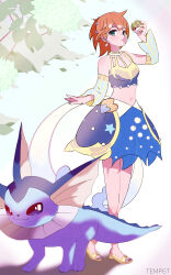 1girl absurdres bare_shoulders blush breasts detached_sleeves dress earrings eyelashes friend_ball gen_1_pokemon green_eyes gym_leader hair_between_eyes highres jewelry legs looking_at_viewer medium_breasts misty_(pokemon) misty_(sygna_suit)_(pokemon) navel nintendo official_alternate_costume orange_hair poke_ball pokemon pokemon_(creature) pokemon_masters_ex short_hair simple_background smile solo temp6t vaporeon