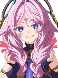 1girl absurdres alternate_hairstyle black_arm_warmers black_leotard black_shorts blue_eyes blush bracelet braid braided_twintails breasts citlali_(genshin_impact) facial_mark floating_headgear forehead_mark genshin_impact gold_armlet grin hair_intakes headgear heart heart-shaped_pupils highres jewelry leotard long_hair looking_at_viewer medium_breasts nail_polish parted_bangs pink_hair pink_pupils purple_nails purple_skirt ribbed_leotard ring_hair_ornament seshirun shorts simple_background skirt smile solo symbol-shaped_pupils triangle triangle_facial_mark twin_braids upper_body vision_(genshin_impact) white_background