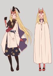 1girl blonde_hair blush cloak closed_eyes commentary_request cosplay facial_mark fate/grand_order fate_(series) full_body hat highres horns ibaraki_douji_(fate) long_hair mame_cs5 multiple_views oni pointy_ears smile very_long_hair watanabe_no_tsuna_(fate) watanabe_no_tsuna_(fate)_(cosplay) yellow_eyes