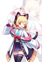 1girl ;d \||/ absurdres animal_ear_headphones animal_ears aqua_necktie black_coat black_skirt black_tail black_thighhighs blonde_hair blue_archive blunt_bangs blunt_ends blush bow buttons cat_ear_headphones cat_ears cat_tail chinese_commentary coat collared_shirt commentary_request cowboy_shot dress_shirt fake_animal_ears fake_tail fang frilled_coat frilled_skirt frills hair_bow halo hand_up headphones highres long_sleeves looking_at_viewer low-tied_sidelocks miniskirt momoi_(blue_archive) multicolored_coat necktie off_shoulder one_eye_closed open_mouth parted_bangs pink_coat pink_eyes pink_halo pleated_skirt red_bow school_uniform shirt shirt_tucked_in short_hair short_necktie sidelocks simple_background single_sleeve_past_fingers skin_fang skirt smile solo suspender_skirt suspenders tail thighhighs two-sided_coat two-sided_fabric unbuttoned v-shaped_eyebrows white_background white_coat white_shirt wide_sleeves wuyin zettai_ryouiki zoom_layer