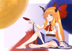 1girl absurdres alcohol barefoot belt bow bowtie brown_belt brown_horns chain closed_mouth cup full_body hair_bow highres holding holding_cup horn_bow horn_ornament horns ibuki_suika kurohiba long_hair looking_afar orange_eyes orange_hair purple_background purple_bow purple_skirt red_bow red_bowtie sakazuki sake shirt sidelocks skirt sleeveless sleeveless_shirt smile solo touhou very_long_hair white_shirt wrist_cuffs