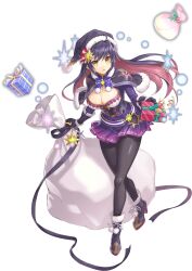 1girl ahoge artist_request belt breasts cleavage full_body game_cg gift gilles_de_rais_(legend_clover) gloves hair_ornament hat highres holding holding_gift legend_clover long_sleeves mistletoe multicolored_hair official_alternate_costume official_art open_mouth orange_eyes pantyhose purple_hair santa_hat skirt snowflakes star_(symbol) star_hair_ornament third-party_source transparent_background