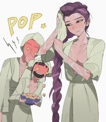 3girls bathrobe bilidongdong blush body_markings breasts covering_own_mouth food kpop_demon_hunters mira_(kpop_demon_hunters) multiple_girls no_bra pompadour popcorn purple_hair robe rumi_(kpop_demon_hunters) sweat towel towel_on_head wiping_face yuri zoey_(kpop_demon_hunters)