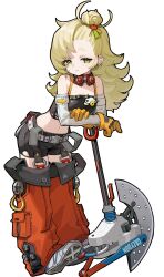 1girl axe bare_shoulders black_shorts blonde_hair breasts choker commentary crop_top detached_pants detached_sleeves expressionless full_body gloves goggles goggles_around_neck green_eyes hair_bun hair_ornament highres long_hair looking_at_viewer midriff navel piper_wheel red_choker shorts simple_background solo tupikeee weapon white_sleeves yellow_gloves zenless_zone_zero