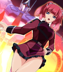 1girl absurdres agnes_giebenrath belt black_belt blue_eyes breasts colored_tips commentary_request embers frilled_jacket frills gundam gundam_seed gundam_seed_freedom gyan_strom hand_on_own_hip highres jacket looking_to_the_side mecha medium_breasts medium_hair multicolored_hair one-eyed open_mouth pink_hair pink_nails red_eyes red_hair red_jacket red_lips robot science snakiestlion solo twintails v-shaped_eyebrows walking