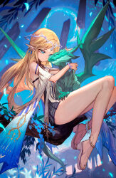 1girl bare_legs bare_shoulders black_collar black_dress blonde_hair blue_eyes cartethyia_(wuthering_waves) closed_mouth collar commentary dragon dress earrings english_commentary feet from_side highres jewelry lack legs long_hair looking_at_animal pointy_ears sandals smile solo tacet_discord_(wuthering_waves) tacet_mark_(wuthering_waves) thighs toes very_long_hair white_sandals wuthering_waves