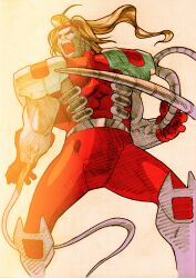 1boy absurdres angry armor bengus blonde_hair bodysuit capcom colored_skin floating_hair from_below game_cg grey_skin headband highres long_hair looking_to_the_side male_focus marvel marvel_vs._capcom marvel_vs._capcom_2 mechanical_tentacles muscular muscular_male non-web_source official_art omega_red omega_symbol open_mouth ponytail red_bodysuit red_eyes red_headband scan shoulder_armor sidelighting solo soviet teeth x-men zombie